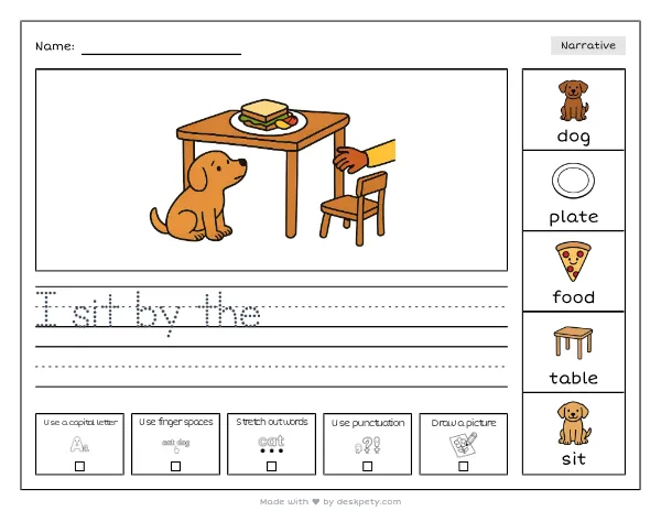 A dog sitting patiently under a table, gazing at a plate of food — real worksheet preview with word bank and writing lines
