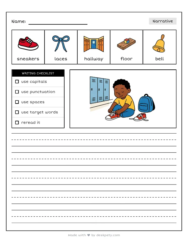 Sitting on the cool floor of an empty hallway, lacing up a pair of worn, red sneakers before the first bell — real worksheet preview with word bank and writing lines
