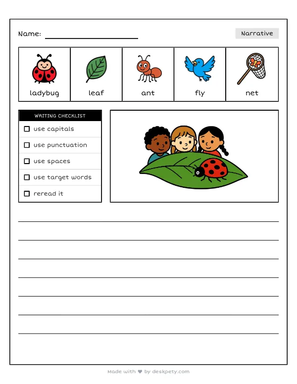 Free printable K-1 narrative writing prompt worksheet - A bright red ladybug has tiny black dots and with word bank and handwriting lines
