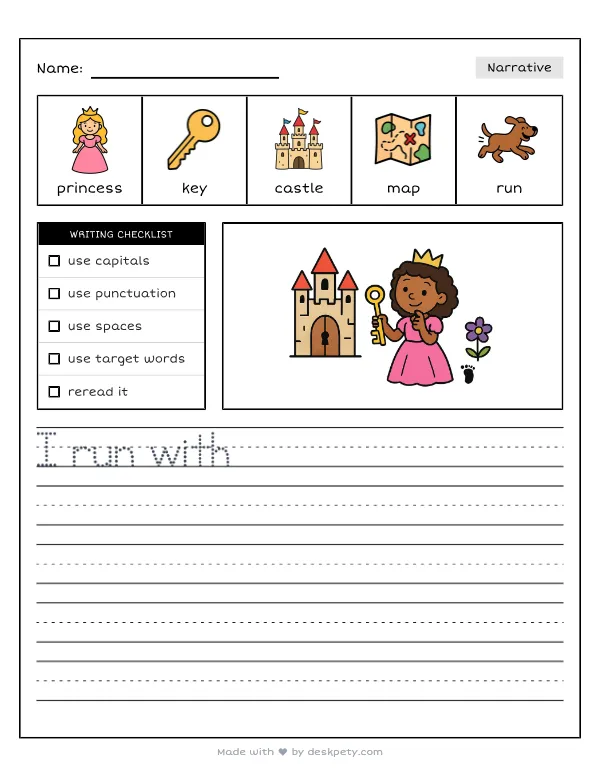 Free printable K-1 narrative writing prompt worksheet - The clever princess solved the mystery by with word bank and handwriting lines