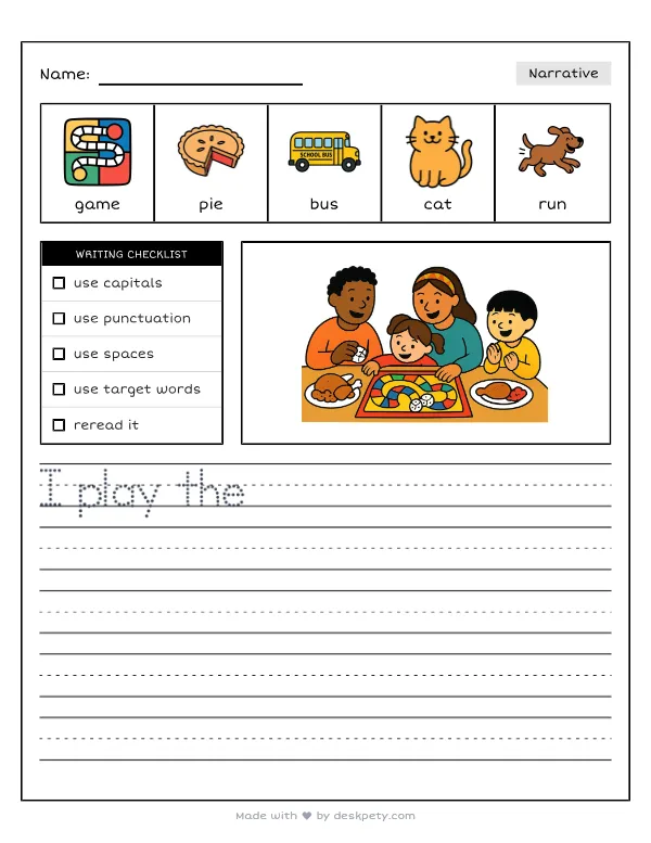 Playing fun board games with family after the big turkey meal — real worksheet preview with word bank and writing lines