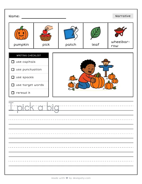 Searching for the perfect pumpkin in the pumpkin patch — real worksheet preview with word bank and writing lines