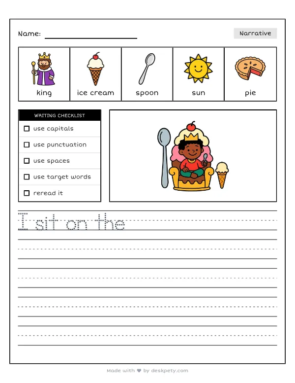 Sitting on a throne carved from a giant ice cream sundae — real worksheet preview with word bank and writing lines