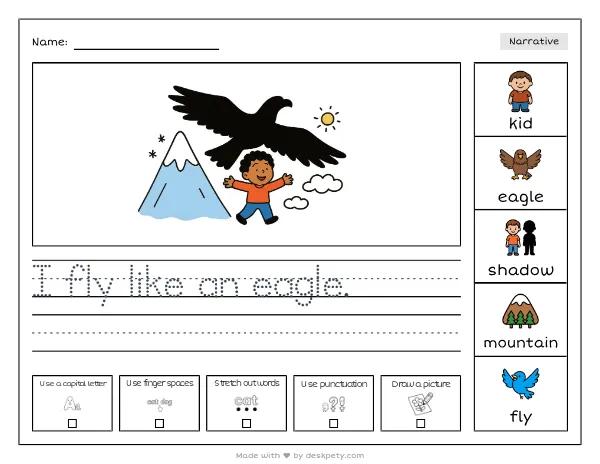 A kid with a giant eagle shadow soaring over a snowy mountain peak — real worksheet preview with word bank and writing lines