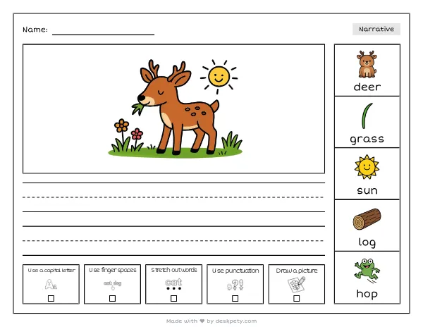 Free printable Kindergarten write and draw worksheet - Watching a deer nibble grass at the edge of a sunlit meadow tracing sentence and coloring page