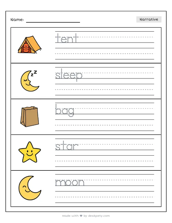 Free printable K-1 narrative writing prompt worksheet - To sleep in a tent outside I need with word bank and handwriting lines (page 1 of 5)