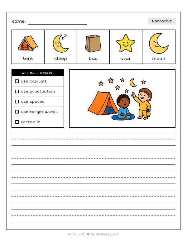 Free printable K-1 narrative writing prompt worksheet - To sleep in a tent outside I need with word bank and handwriting lines