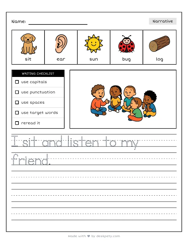 Listening quietly while a classmate shares a fun weekend story — real worksheet preview with word bank and writing lines