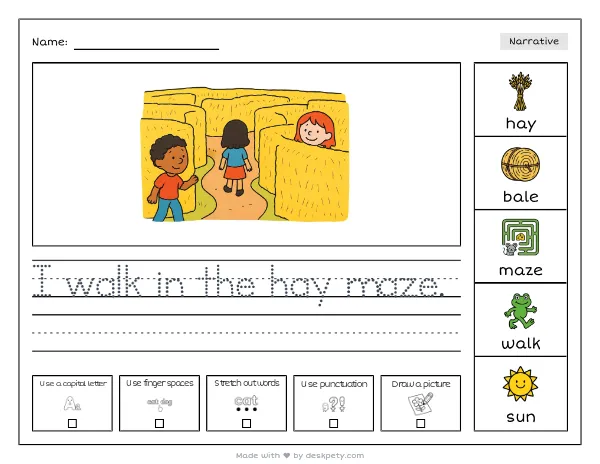 A hay maze with tall golden bales — real worksheet preview with word bank and writing lines