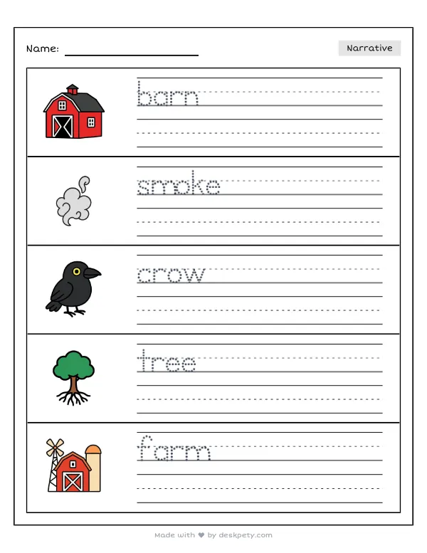 Preview of the swirling gray smoke curling around a red barn at dawn writing worksheet — word bank, tracing lines and checklist (page 1 of 5)