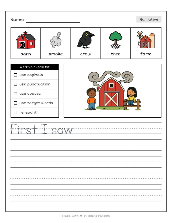 swirling gray smoke curling around a red barn at dawn — real worksheet preview with word bank and writing lines
