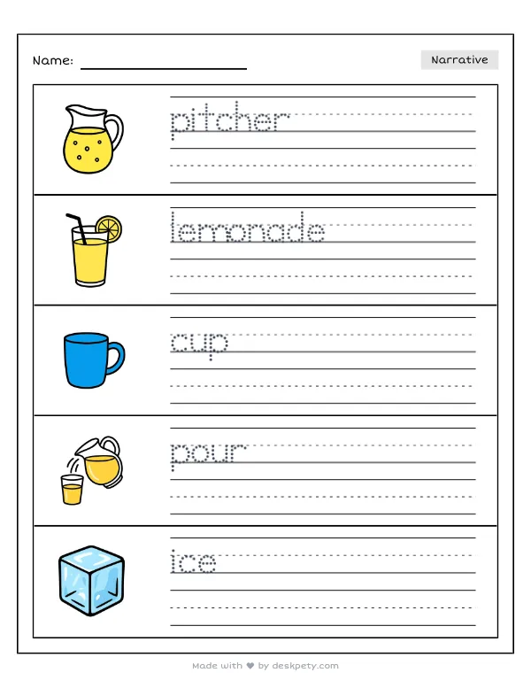 Drinking ice-cold lemonade from a glass pitcher — real worksheet preview with word bank and writing lines