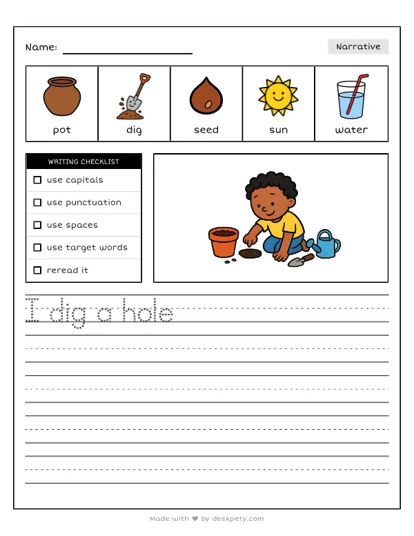 Planting tiny seeds in the spring vegetable garden — real worksheet preview with word bank and writing lines