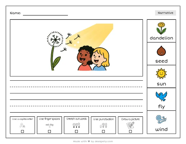 a dandelion puff scattering seeds into a sunbeam — real worksheet preview with word bank and writing lines