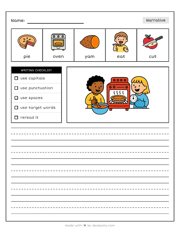 Baking a sweet, warm pumpkin pie in the oven — real worksheet preview with word bank and writing lines