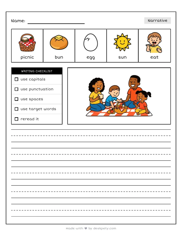 Free printable K-1 narrative writing prompt worksheet - At a sunny outdoor picnic my family eats with word bank and handwriting lines