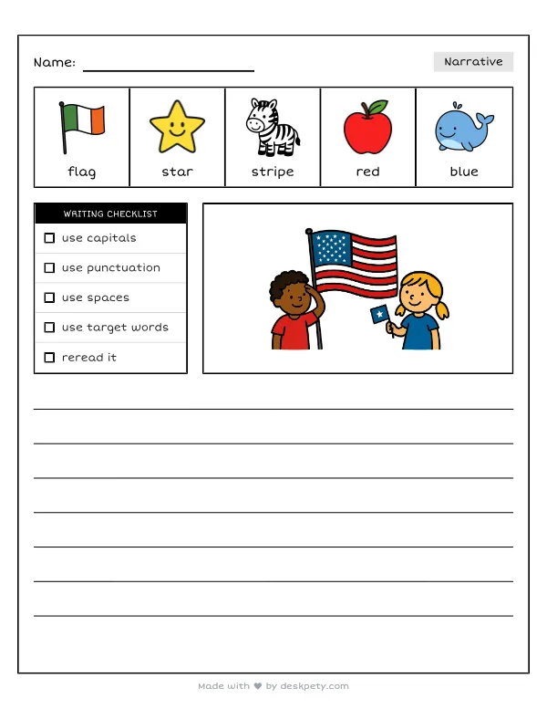 Free printable K-1 narrative writing prompt worksheet - Red white and blue colors mean with word bank and handwriting lines