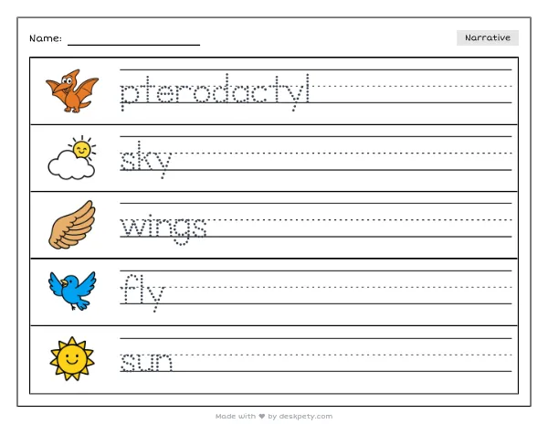 Free printable Kindergarten write and draw worksheet - Flying pterodactyls soar high above the tracing sentence and coloring page