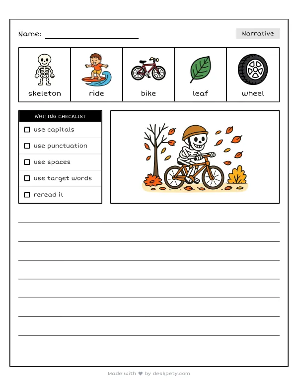 A skeleton riding a rusty bicycle down a leaf-covered street — real worksheet preview with word bank and writing lines