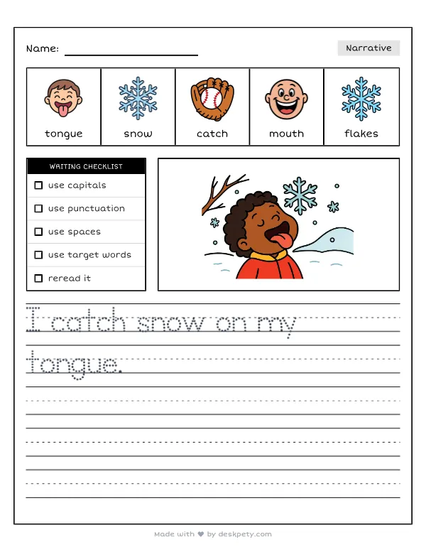 Catching falling snowflakes on your tongue — real worksheet preview with word bank and writing lines