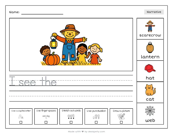 A scarecrow with a stitched smile holding a glowing lantern — real worksheet preview with word bank and writing lines