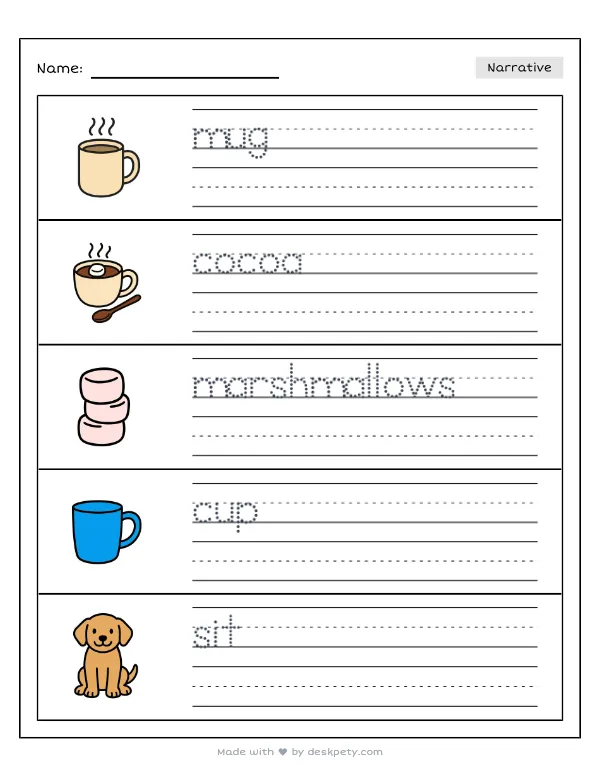 Drinking hot cocoa with giant marshmallows inside — real worksheet preview with word bank and writing lines