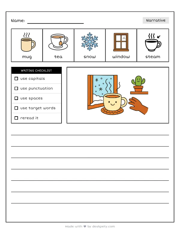A steaming mug of tea on a snow-dusted cabin windowsill — real worksheet preview with word bank and writing lines
