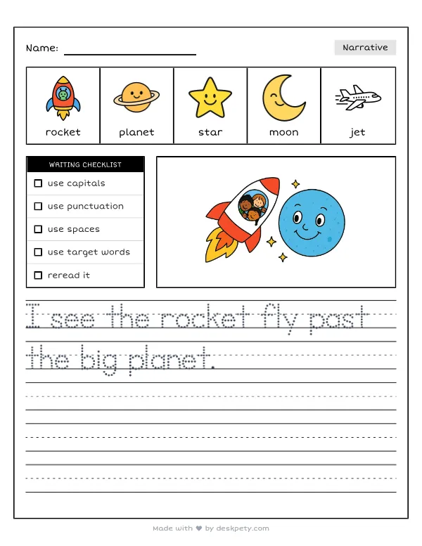 A rocket flying past a planet with a giant, smiling face carved into its surface — real worksheet preview with word bank and writing lines