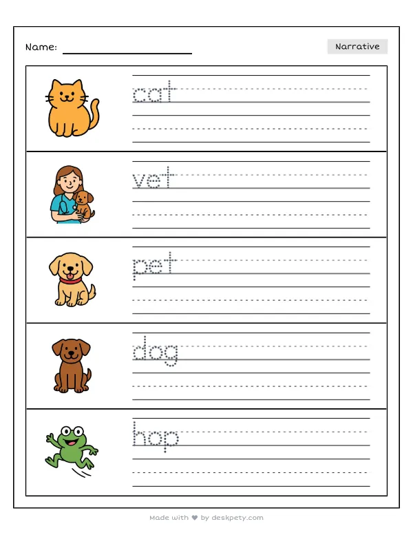Free printable K-1 narrative writing prompt worksheet - At the vet clinic the doctor helps the with word bank and handwriting lines