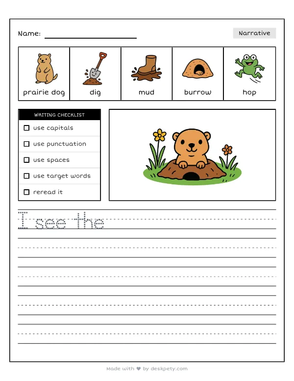 A prairie dog popping its head out of a dirt burrow in the grasslands — real worksheet preview with word bank and writing lines