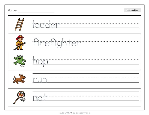 Free printable Kindergarten write and draw worksheet - A firefighter lifting a heavy rescue ladder tracing sentence and coloring page (page 1 of 4)