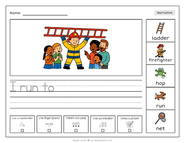 A firefighter lifting a heavy rescue ladder — real worksheet preview with word bank and writing lines