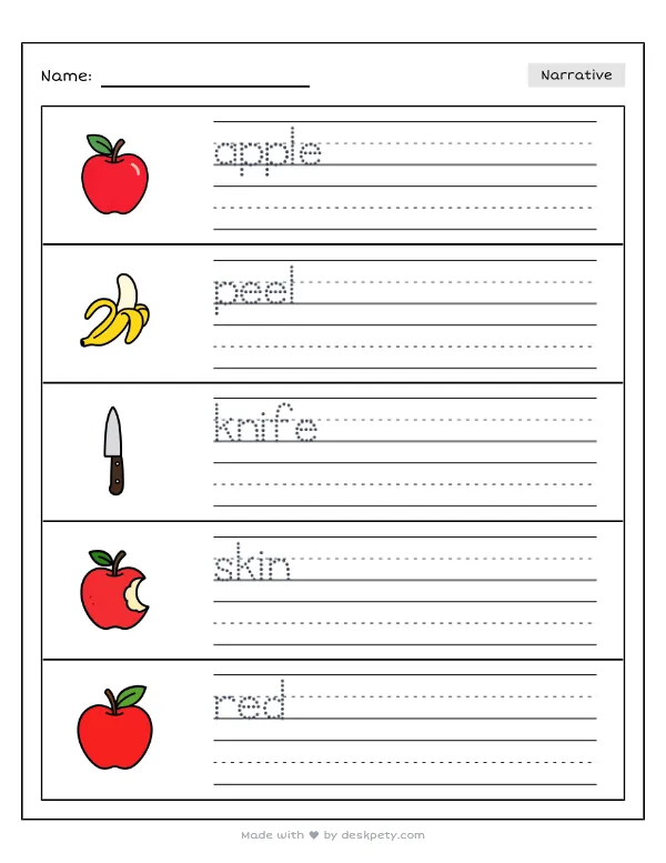 Peeling a long, curly red skin off a crunchy, sweet apple — real worksheet preview with word bank and writing lines
