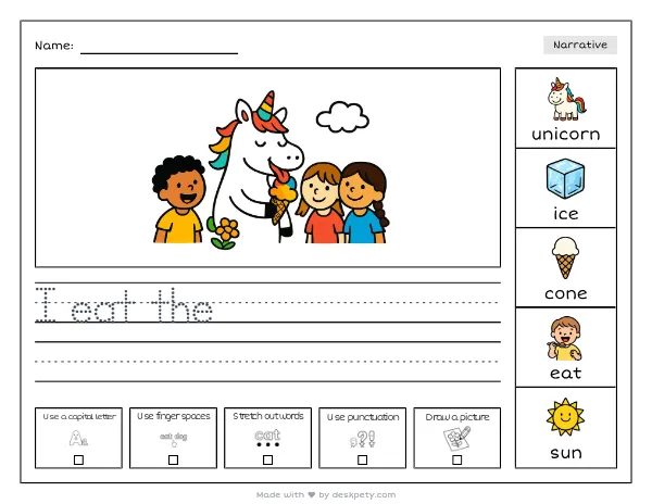 A unicorn eating a rainbow-colored ice cream cone — real worksheet preview with word bank and writing lines