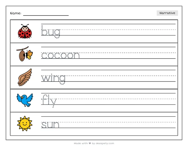 a butterfly emerging from a silky cocoon on a rough branch — real worksheet preview with word bank and writing lines