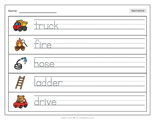 A small child driving a big fire truck down a city street — real worksheet preview with word bank and writing lines