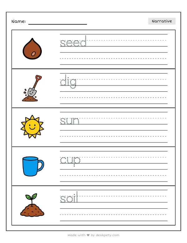 Free printable K-1 narrative writing prompt worksheet - To plant a tiny flower seed I need with word bank and handwriting lines (page 1 of 5)