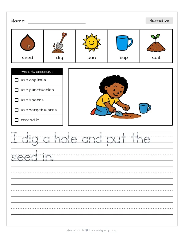Free printable K-1 narrative writing prompt worksheet - To plant a tiny flower seed I need with word bank and handwriting lines