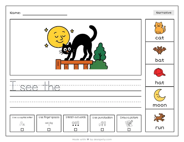 A black cat arching its back on a moonlit fence — real worksheet preview with word bank and writing lines