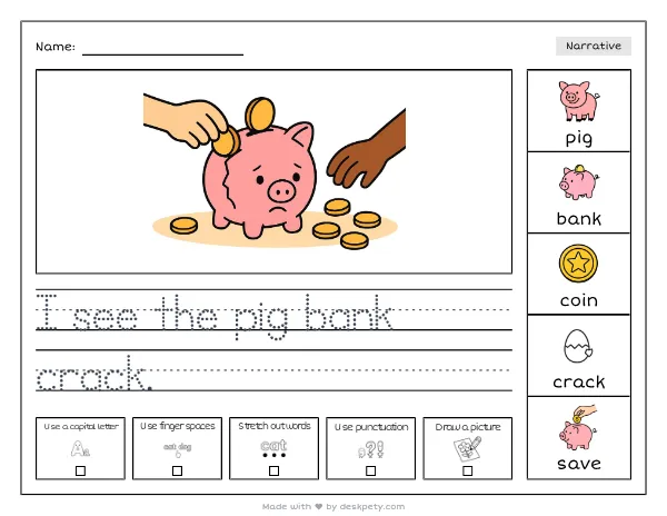 A cracked piggy bank with a few coins spilling out — real worksheet preview with word bank and writing lines