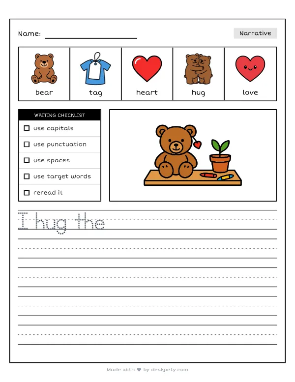 A fuzzy bear plush sitting on a shelf with a tiny heart tag — real worksheet preview with word bank and writing lines
