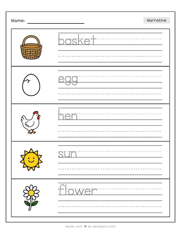 Free printable K-1 narrative writing prompt worksheet - Inside my colorful spring basket I found with word bank and handwriting lines