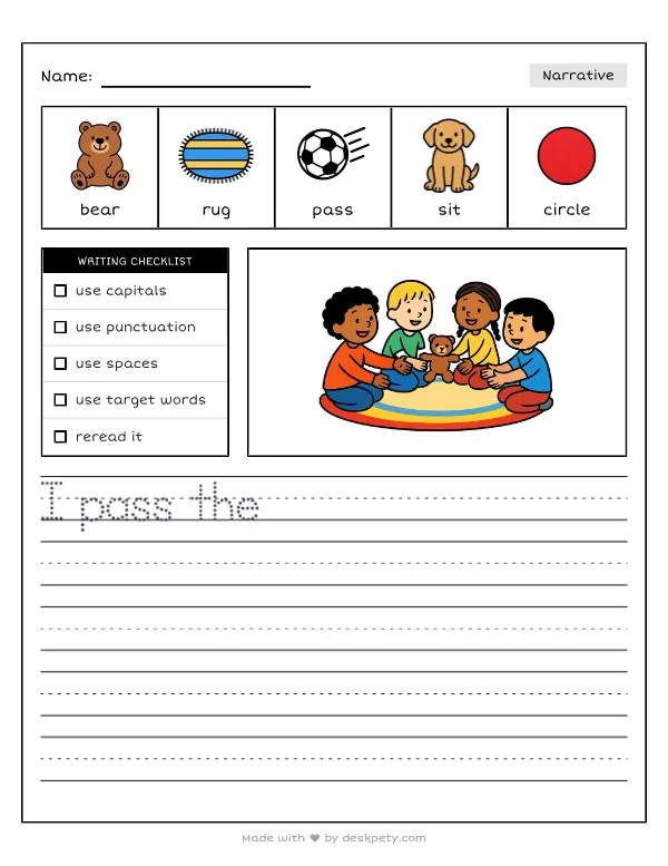 A circle of students on a rug passing a small stuffed bear clockwise during morning meeting — real worksheet preview with word bank and writing lines