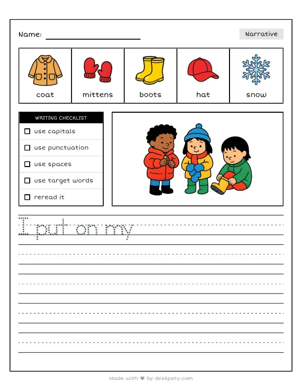Bundling up in heavy winter coats, mittens, and snow boots — real worksheet preview with word bank and writing lines