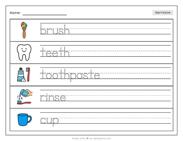 Free printable Kindergarten write and draw worksheet - To keep my teeth clean and healthy I brush tracing sentence and coloring page