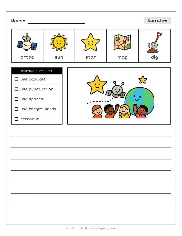 A space probe sending a signal back to Earth from a faraway star — real worksheet preview with word bank and writing lines