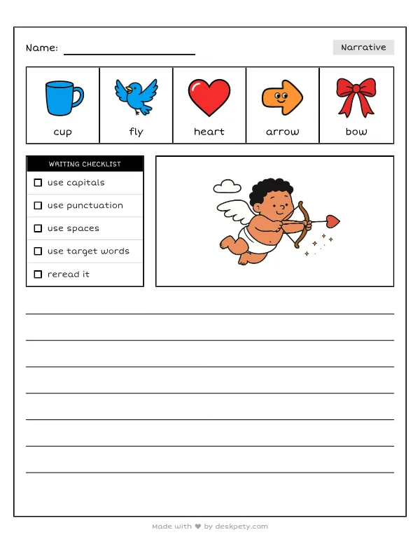 Cupid flying through the air and shooting a heart-shaped arrow — real worksheet preview with word bank and writing lines