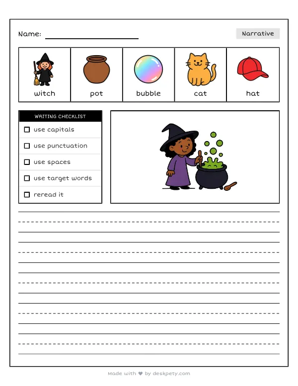 A witch brewing a bubbling green potion in a black cauldron — real worksheet preview with word bank and writing lines