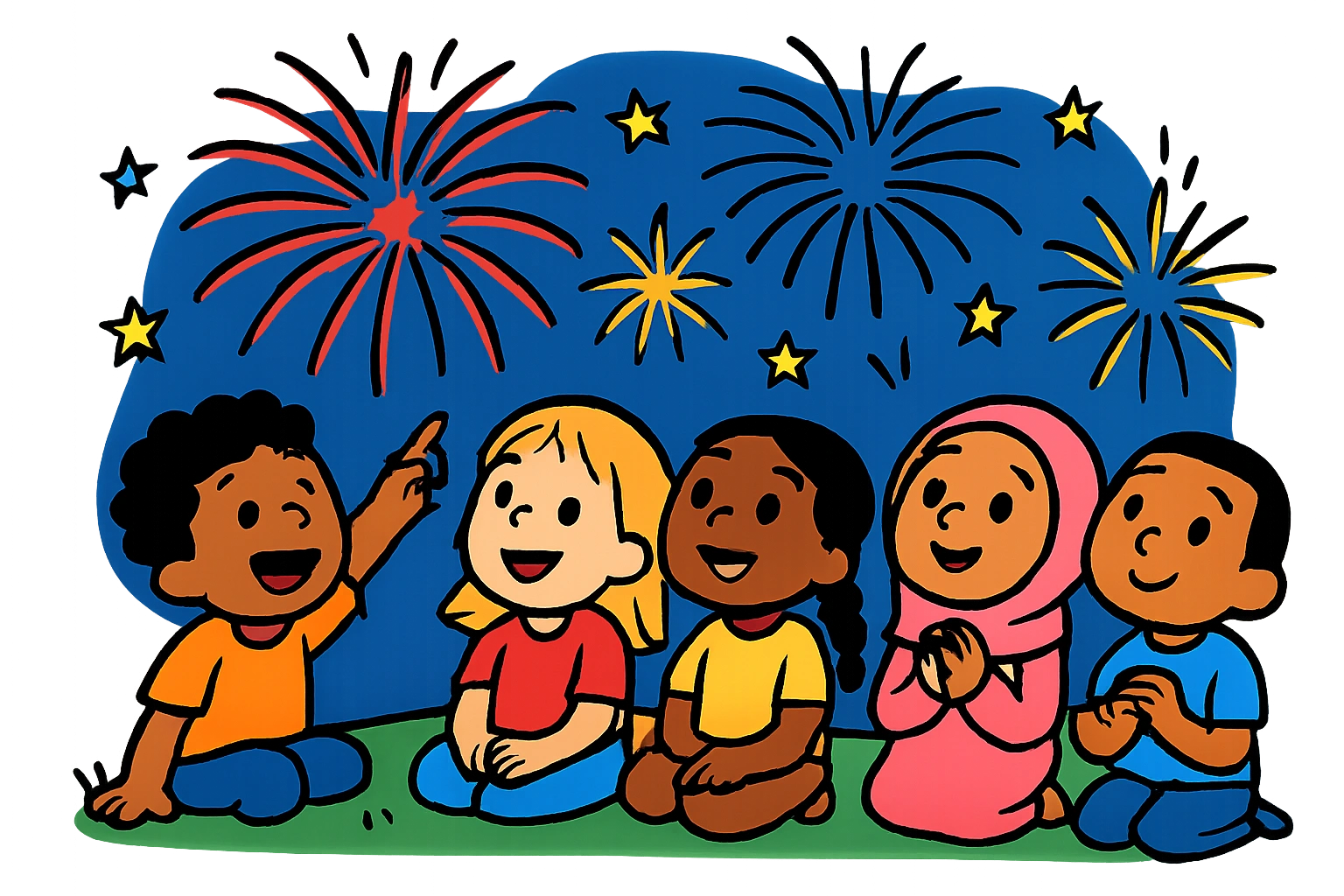 Looking at dazzling fireworks in the midnight sky illustration for a no-prep writing prompt worksheet